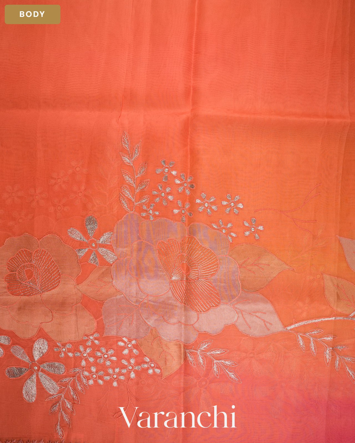 Coral Peach Floral Applique Pure Kora Silk Saree — Body