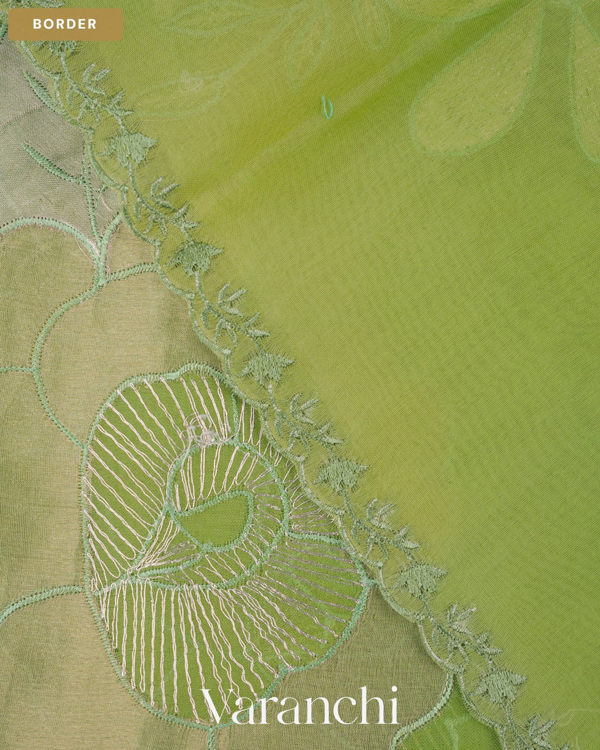 Parrot Green Floral Applique Pure Kora Silk Saree — Border