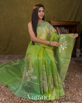 Parrot Green Floral Applique Pure Kora Silk Saree — Draped
