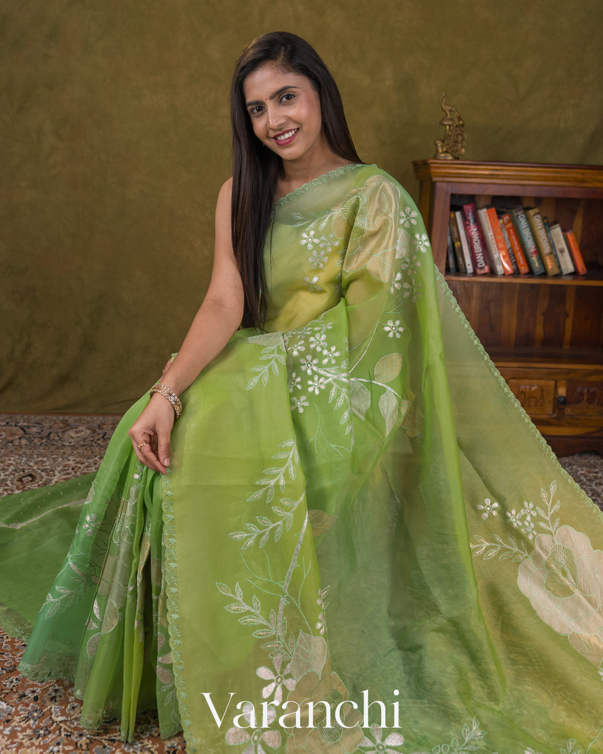 Parrot Green Floral Applique Pure Kora Silk Saree — Draped