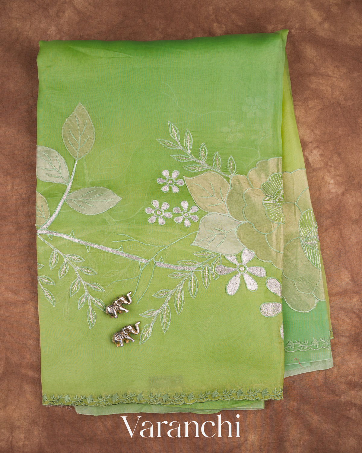 Parrot Green Floral Applique Pure Kora Silk Saree — Full Saree