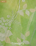 Parrot Green Floral Applique Pure Kora Silk Saree — Pallu