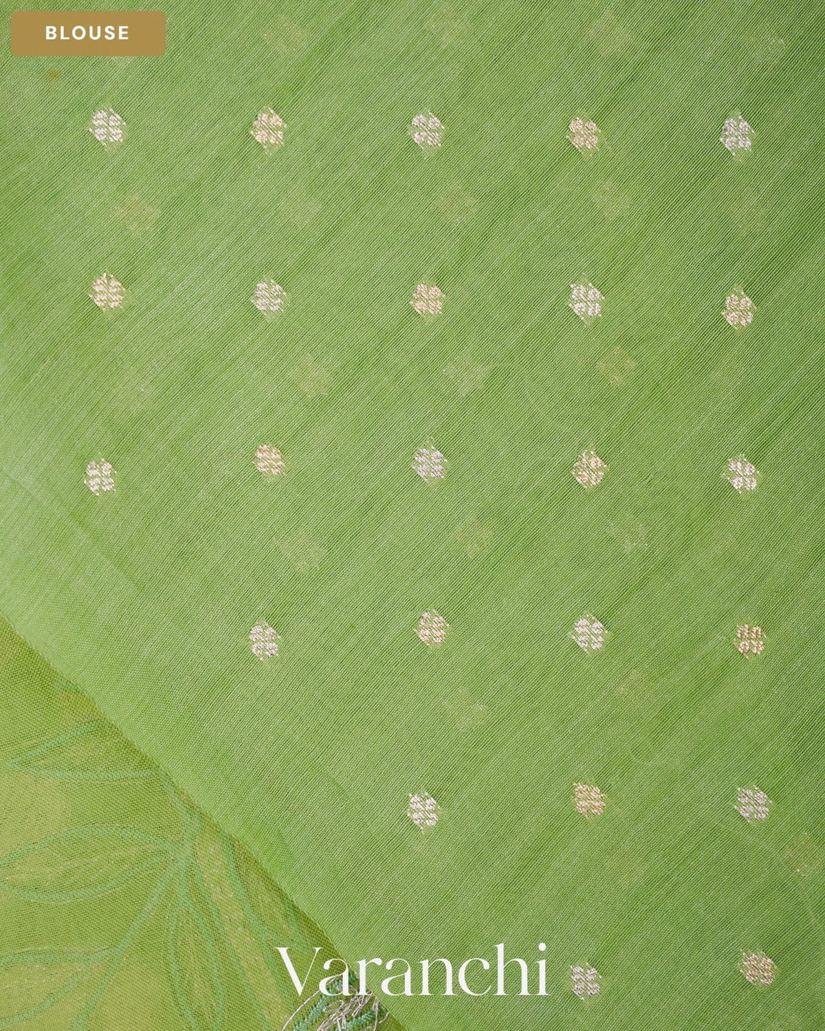 Parrot Green Floral Applique Pure Kora Silk Saree — Blouse