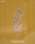 Muted Yellow Paisley Applique and Scalloped Bordered Pure Kora Silk Saree — Body