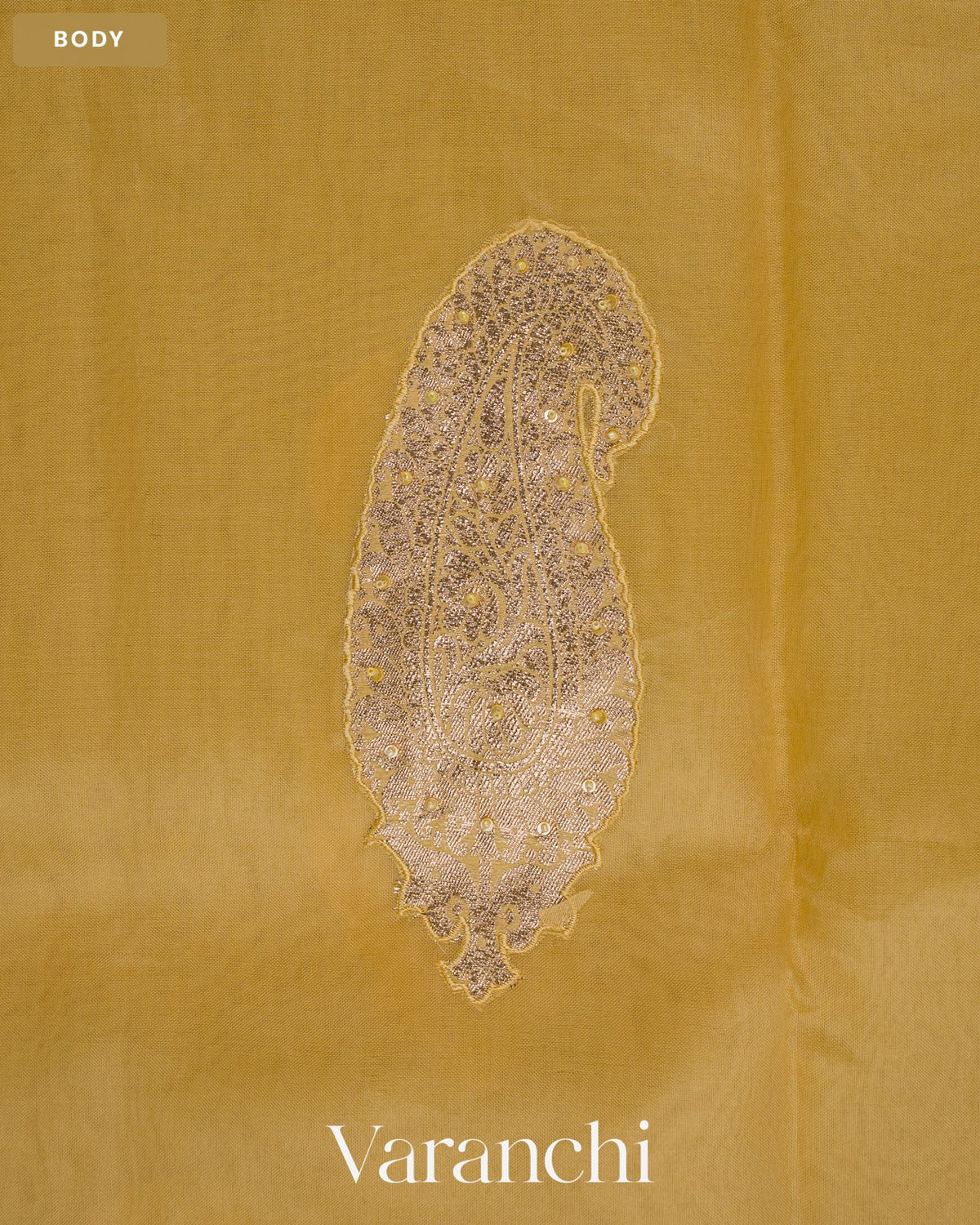 Muted Yellow Paisley Applique and Scalloped Bordered Pure Kora Silk Saree — Body