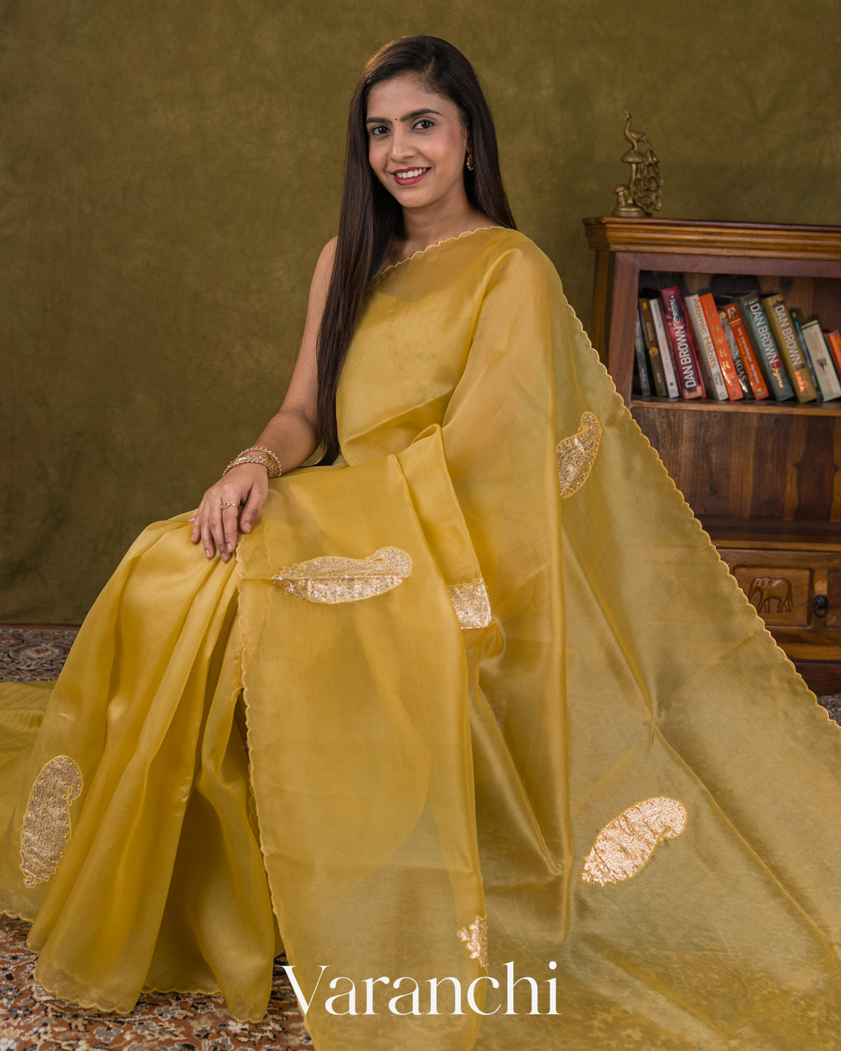 Muted Yellow Paisley Applique and Scalloped Bordered Pure Kora Silk Saree — Draped