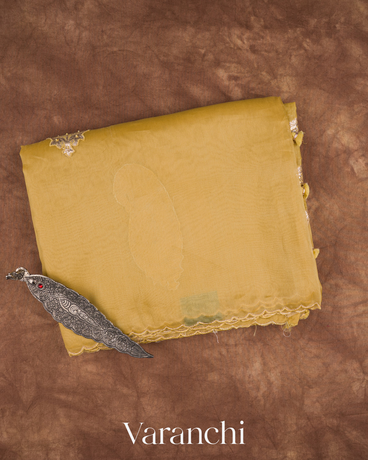 Muted Yellow Paisley Applique and Scalloped Bordered Pure Kora Silk Saree — Folded