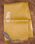 Muted Yellow Paisley Applique and Scalloped Bordered Pure Kora Silk Saree — Full Saree