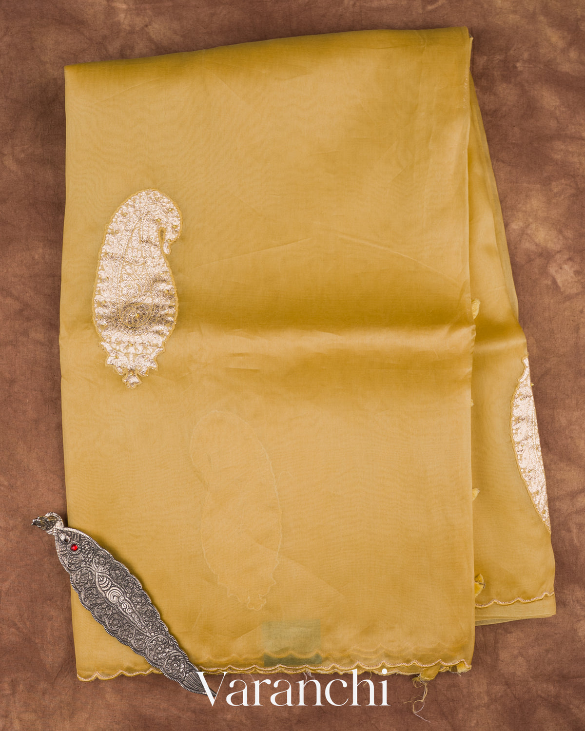 Muted Yellow Paisley Applique and Scalloped Bordered Pure Kora Silk Saree — Full Saree
