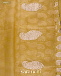 Muted Yellow Paisley Applique and Scalloped Bordered Pure Kora Silk Saree — Pallu