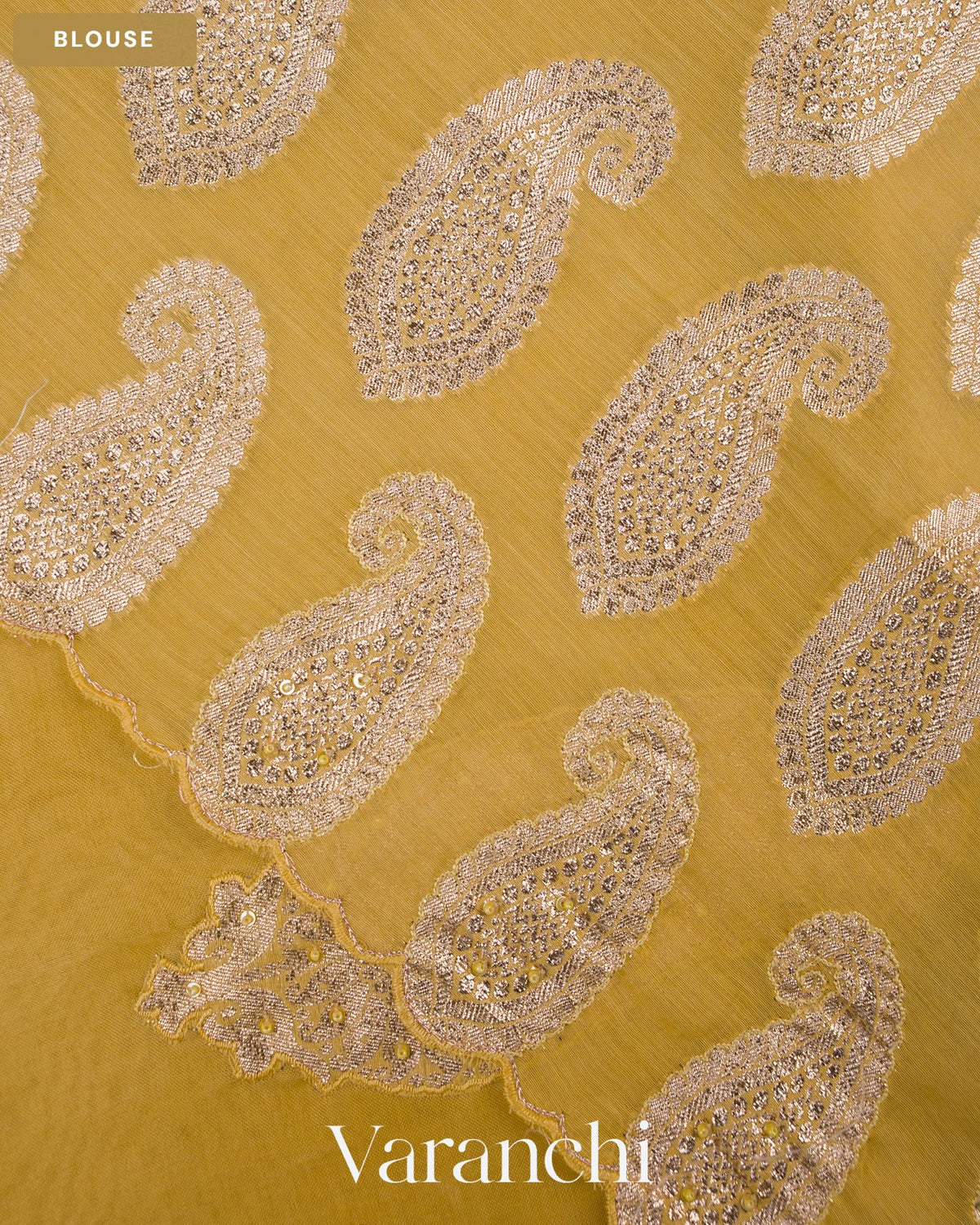 Muted Yellow Paisley Applique and Scalloped Bordered Pure Kora Silk Saree — Blouse