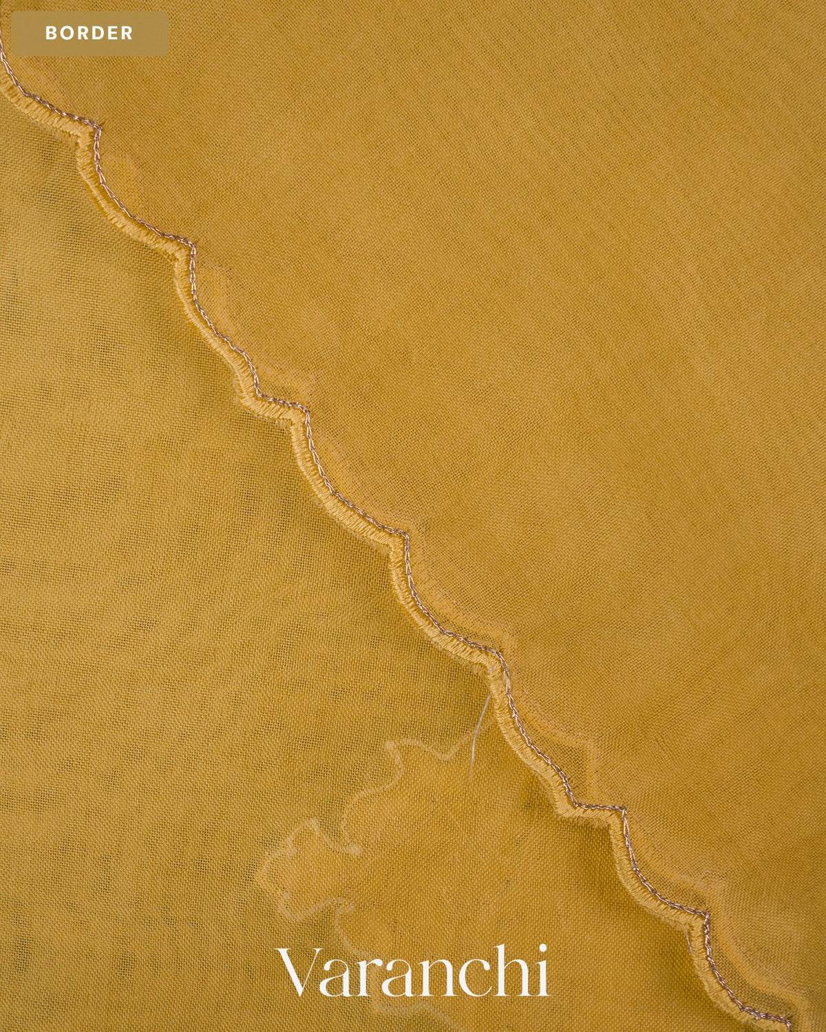 Muted Yellow Paisley Applique and Scalloped Bordered Pure Kora Silk Saree — Border