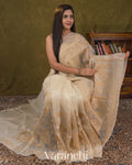 Beige Floral Applique Pure Kora Silk Saree — Draped