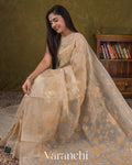 Beige Floral Applique Pure Kora Silk Saree — Draped