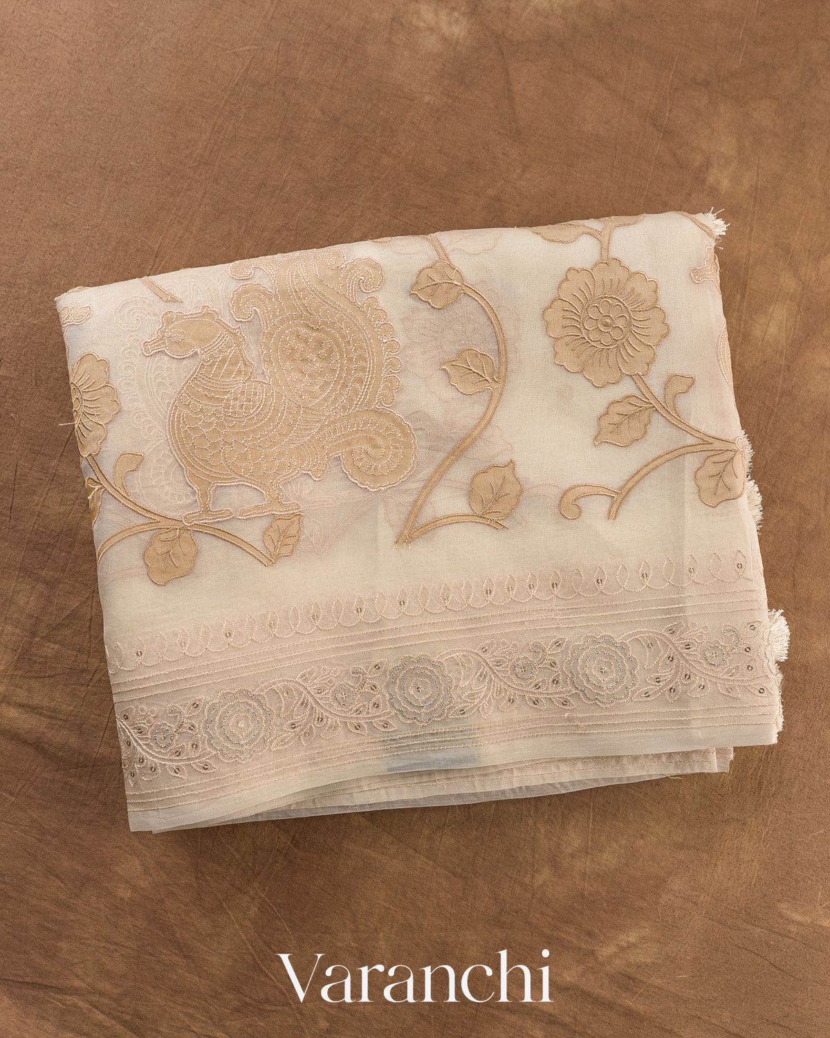 Beige Floral Applique Pure Kora Silk Saree — Folded