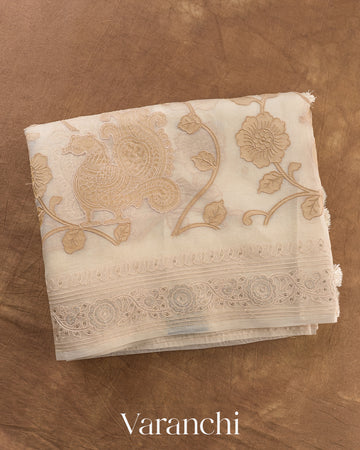 Beige Floral Applique Pure Kora Silk Saree — Folded