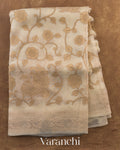 Beige Floral Applique Pure Kora Silk Saree — Full Saree