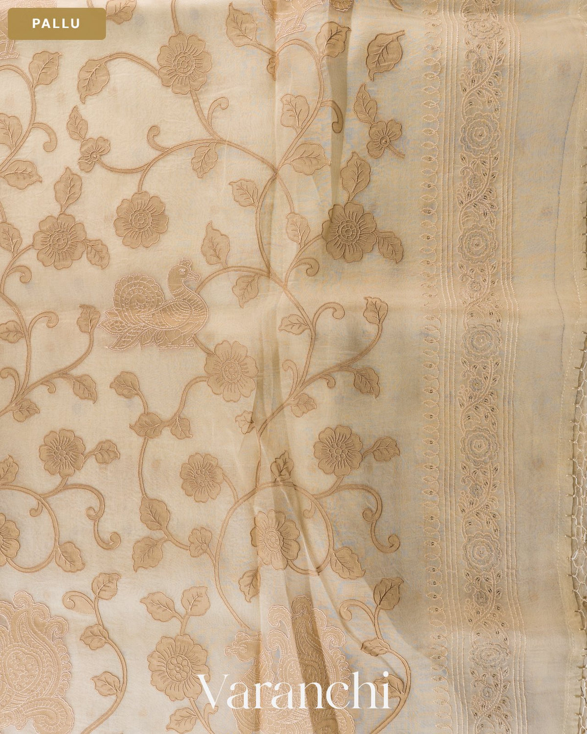 Beige Floral Applique Pure Kora Silk Saree — Pallu