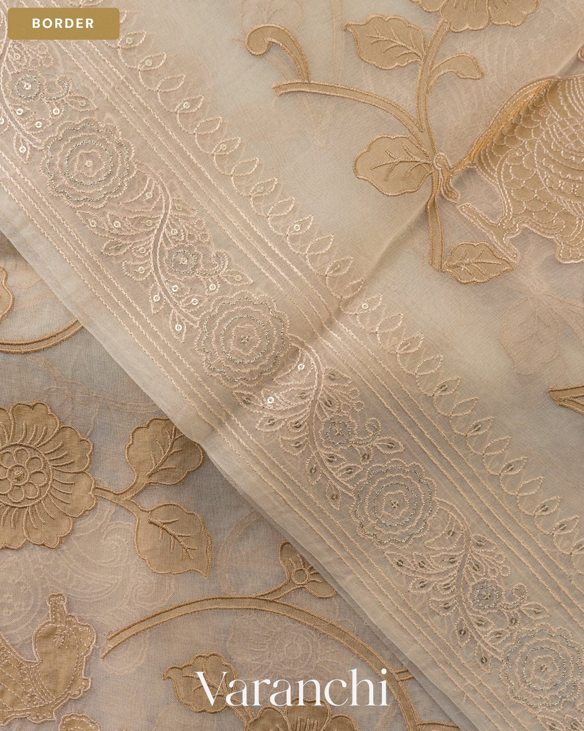 Beige Floral Applique Pure Kora Silk Saree — Border