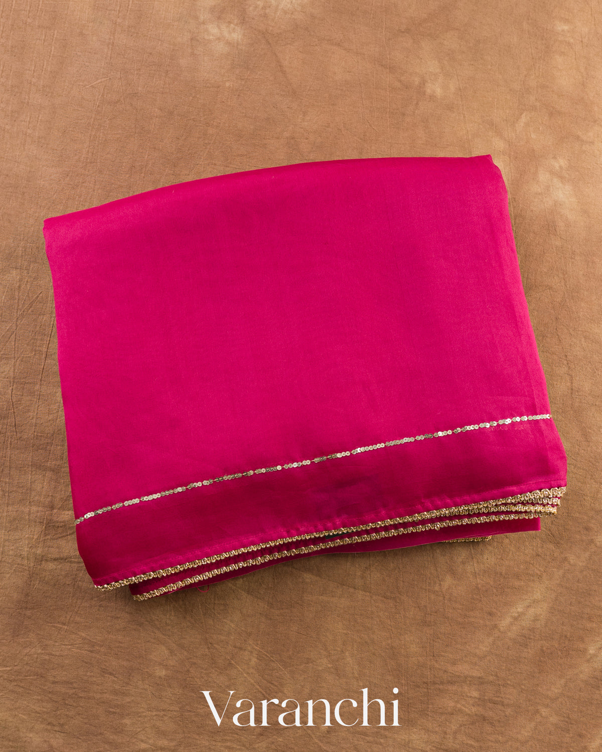 Magenta Pink Sequin Bordered Pure Kora Silk Saree — Folded