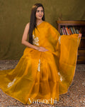 Mango Yellow Floral Applique Pure Kora Silk Saree — Draped