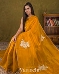 Mango Yellow Floral Applique Pure Kora Silk Saree — Draped