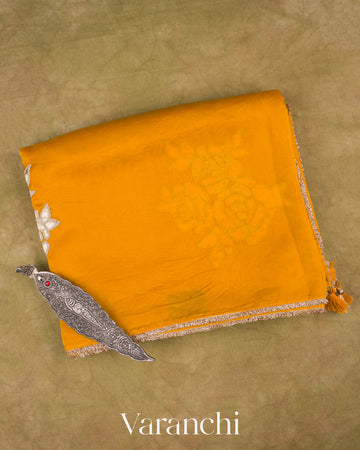 Mango Yellow Floral Applique Pure Kora Silk Saree — Folded