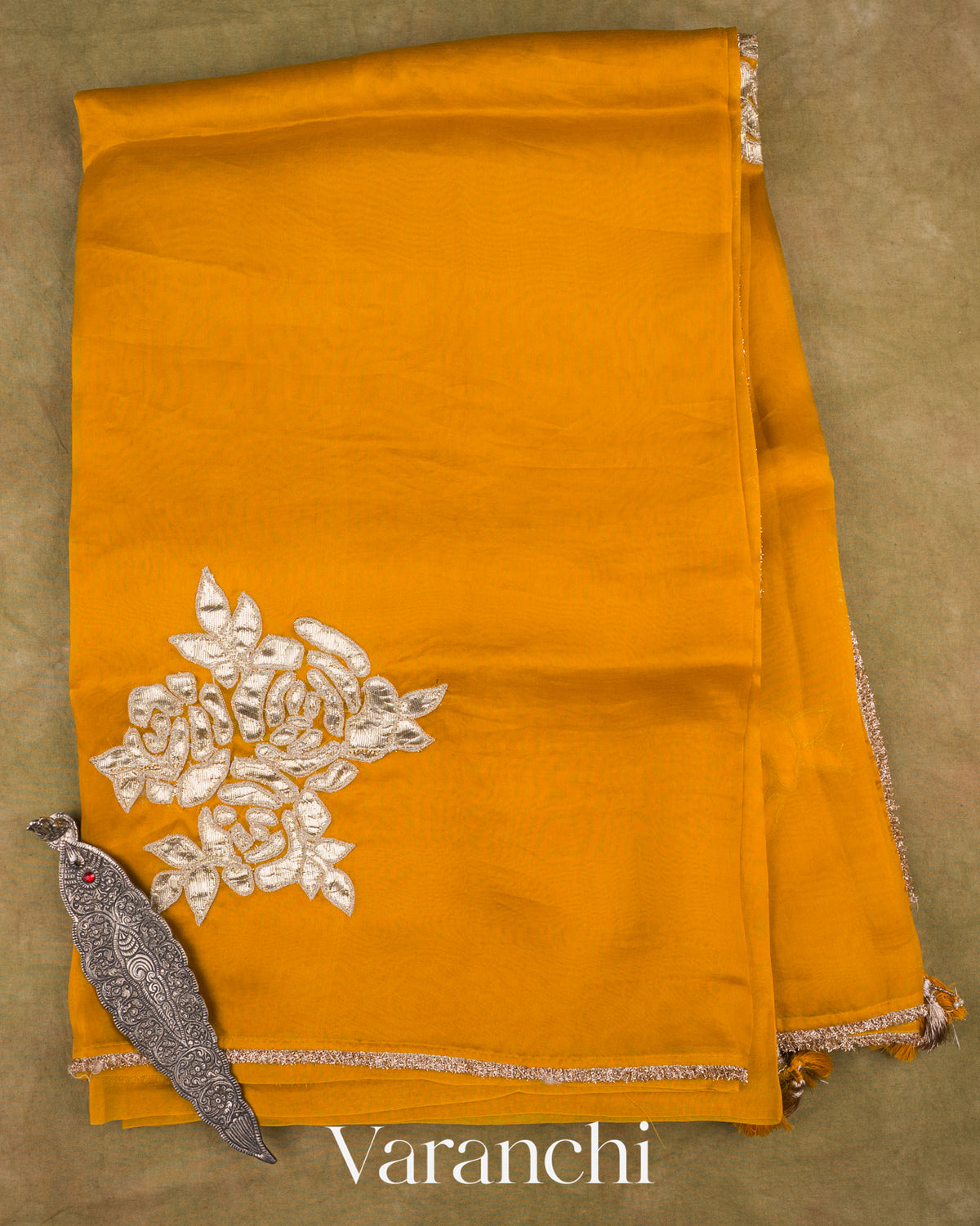 Mango Yellow Floral Applique Pure Kora Silk Saree — Full Saree