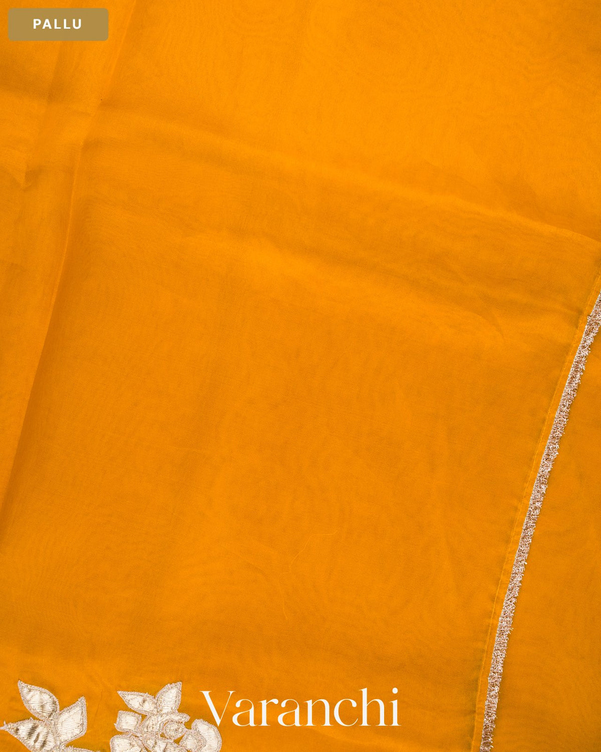 Mango Yellow Floral Applique Pure Kora Silk Saree — Pallu