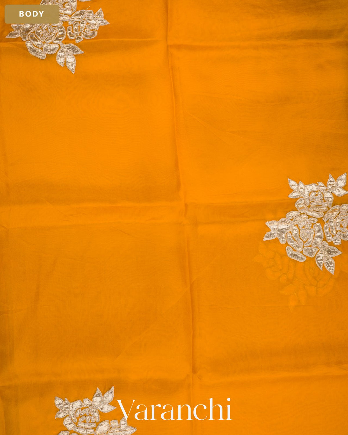 Mango Yellow Floral Applique Pure Kora Silk Saree — Body