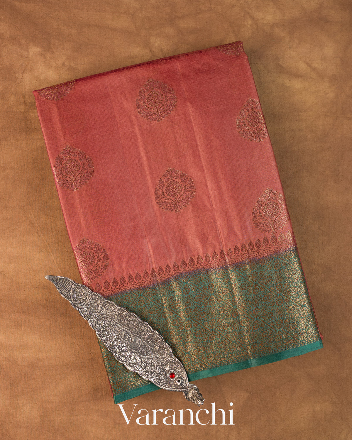 Onion Pink Pure Tussar Silk Saree — Folded