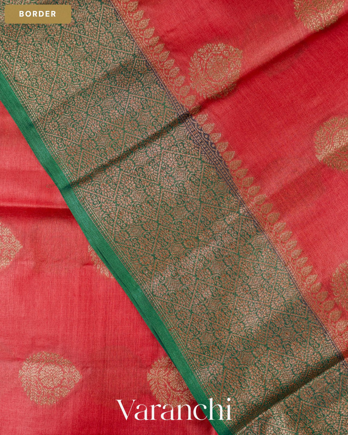 Tomato Red Pure Tussar Silk Saree — Border