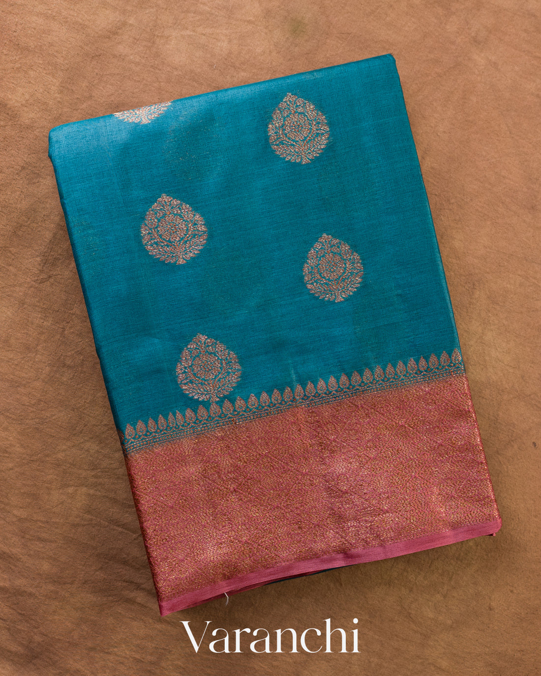 Turquoise Blue Pure Tussar Silk Saree — Folded