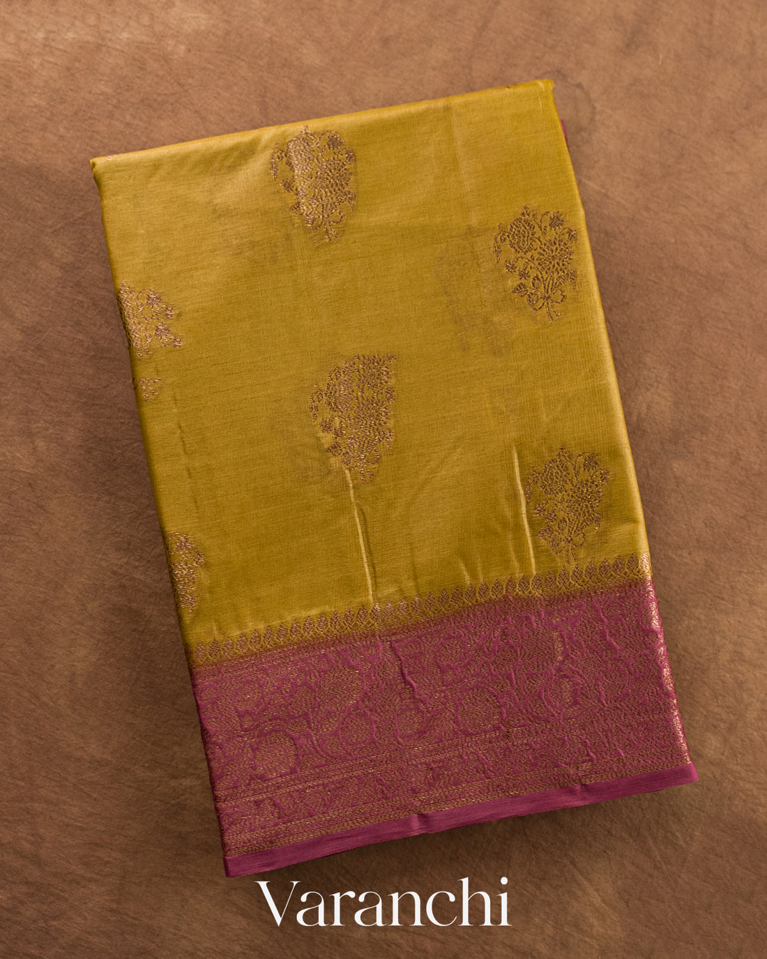 Olive YellowPure Tussar Silk Saree — Folded
