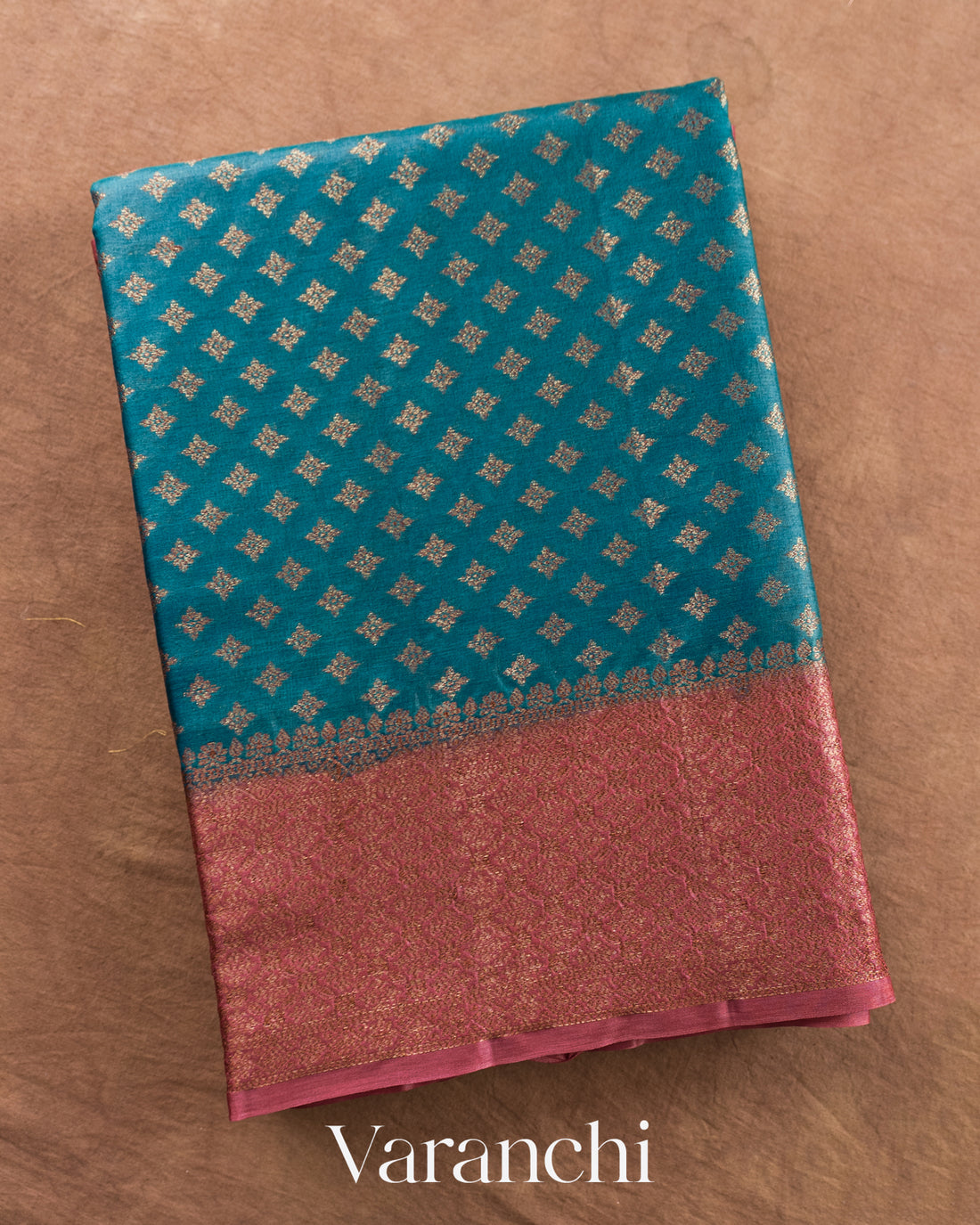 Turquoise Blue Pure Tussar Silk Saree — Folded