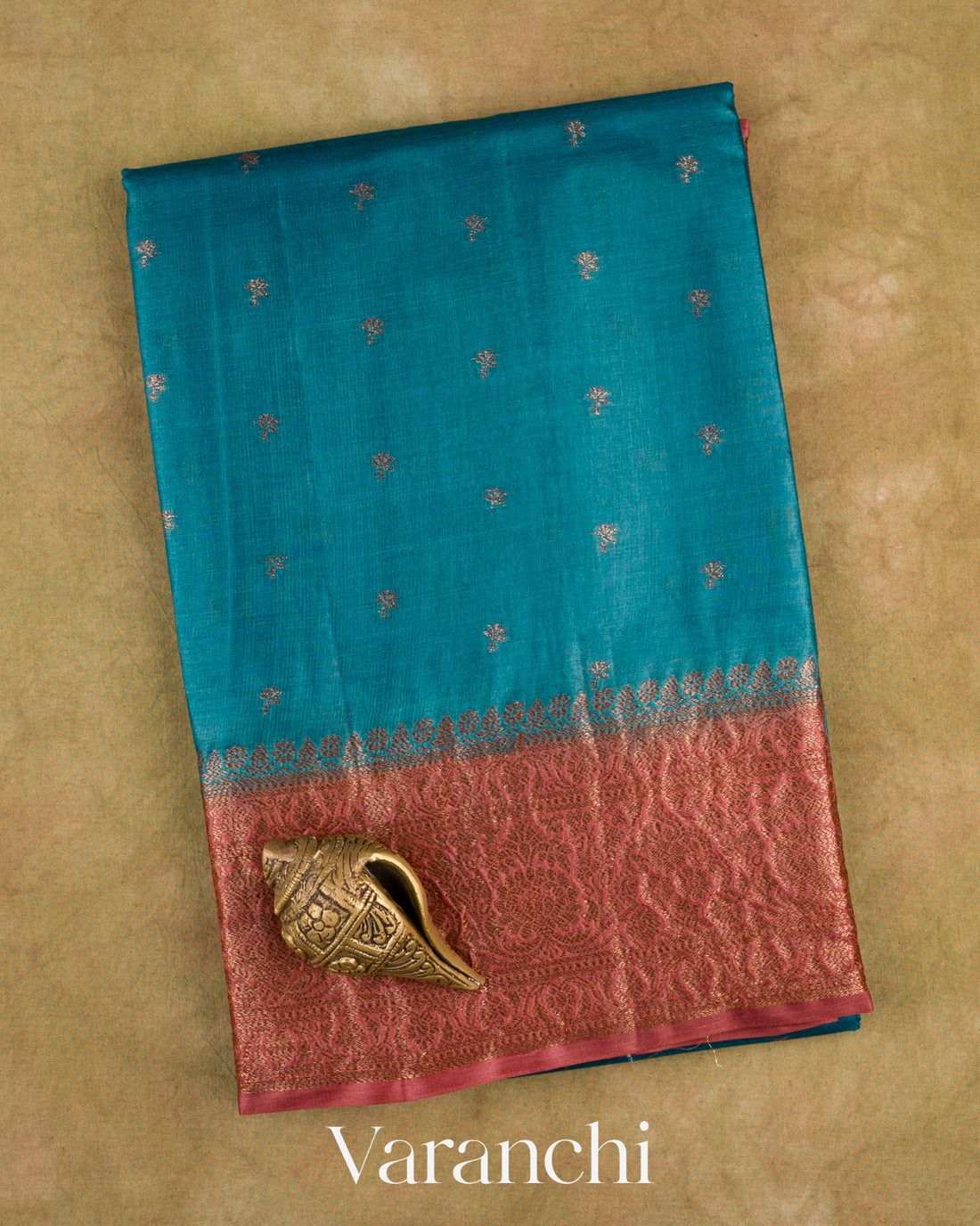 Turquoise Blue Pure Tussar Silk Saree — Folded