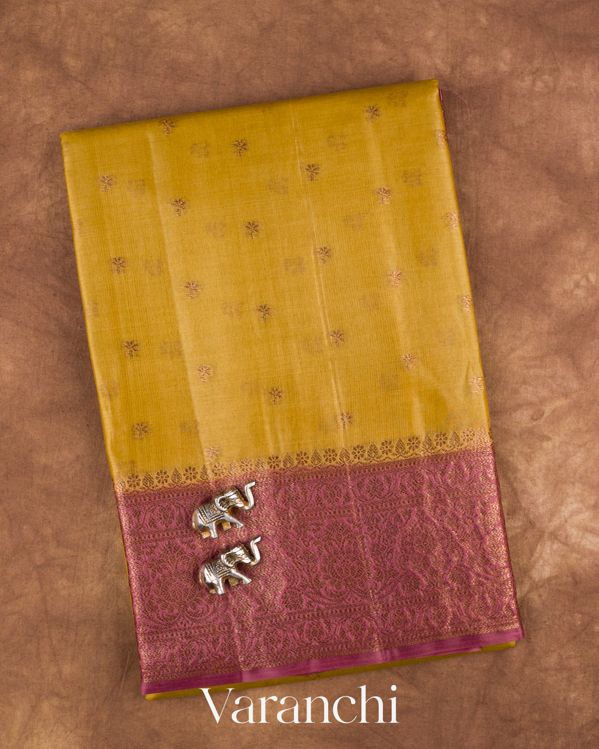 Olive Yellow Pure Tussar Silk Saree — Folded