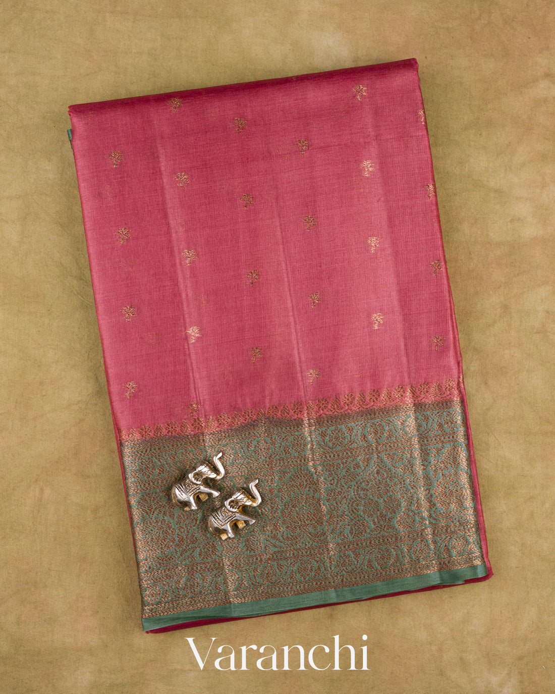 Onion Pink Pure Tussar Silk Saree — Folded