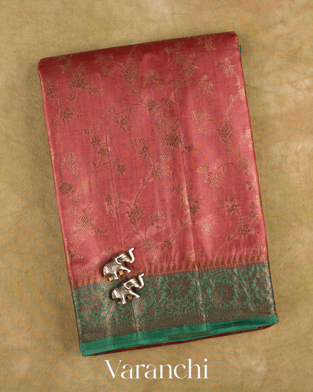 Onion Pink Jaal Pure Tussar Silk Saree — Folded