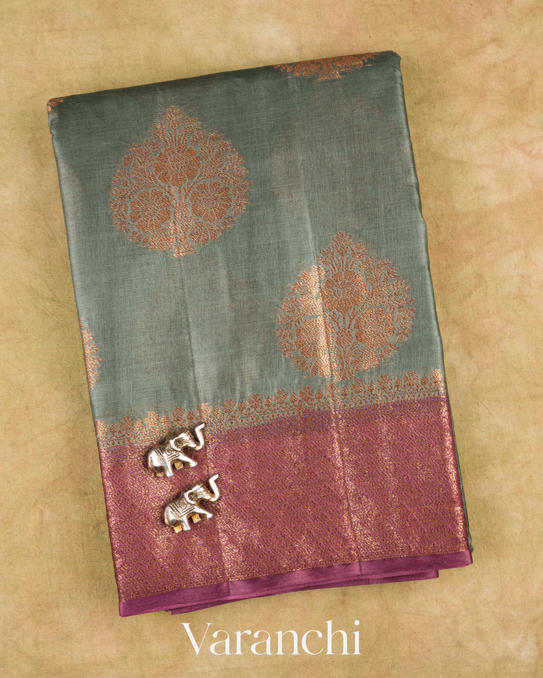 Grey Pure Tussar Silk Saree — Folded