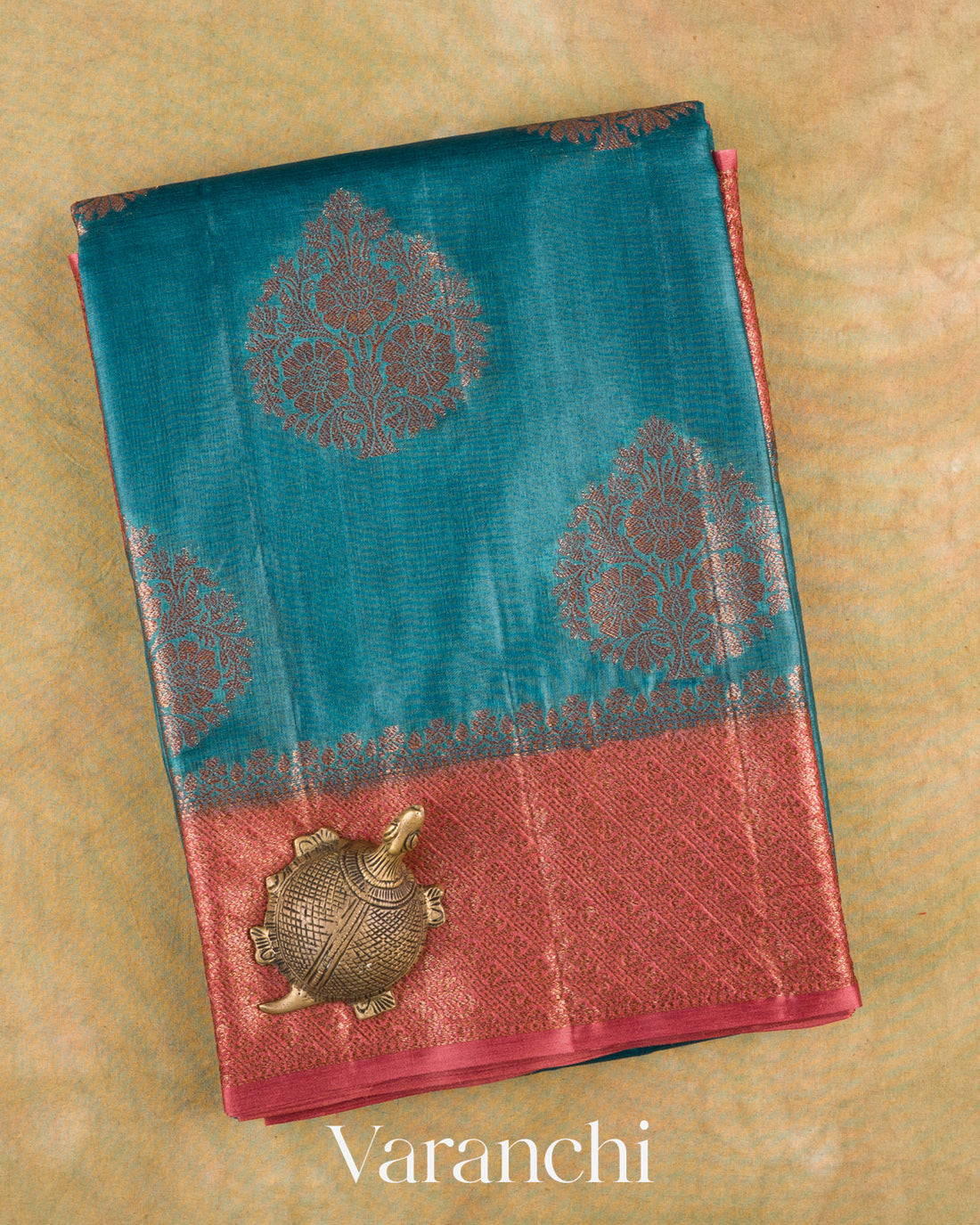 Turquoise Blue Pure Tussar Silk Saree — Folded