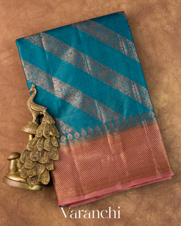 Turquoise Blue Lehariya Pure Tussar Silk Saree — Folded