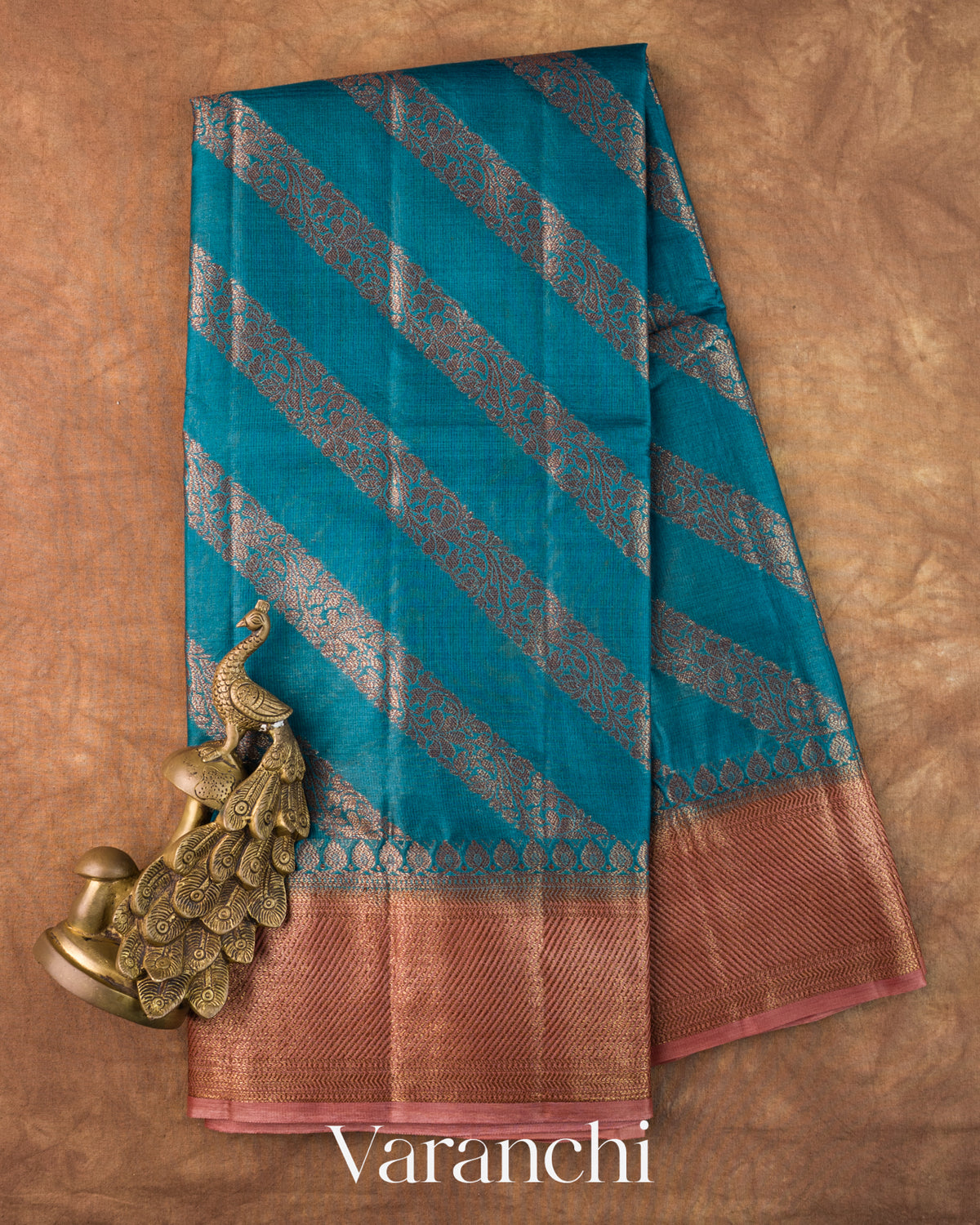 Turquoise Blue Lehariya Pure Tussar Silk Saree — Full Saree