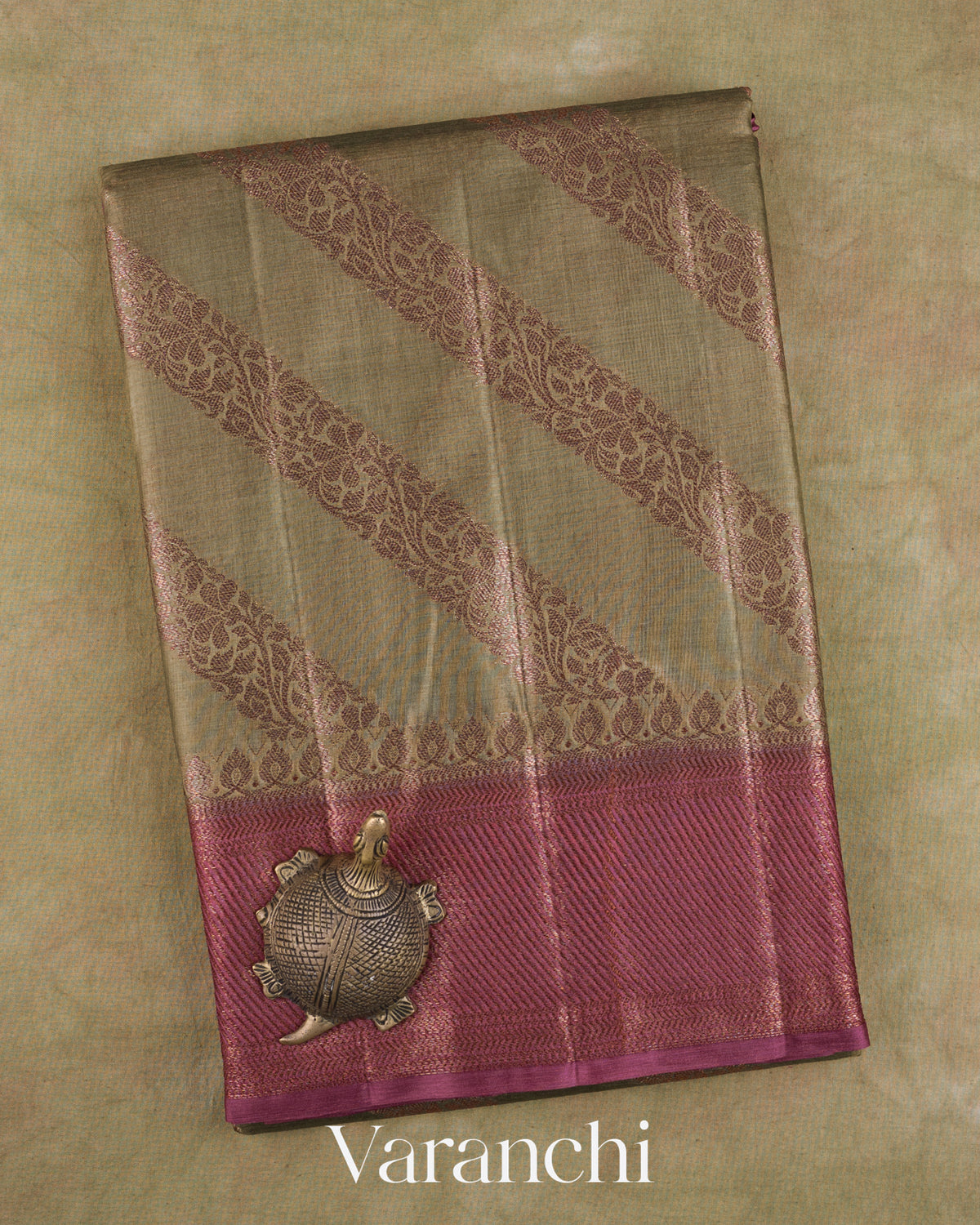 Earthy Grey Lehariya Pure Tussar Silk Saree — Folded