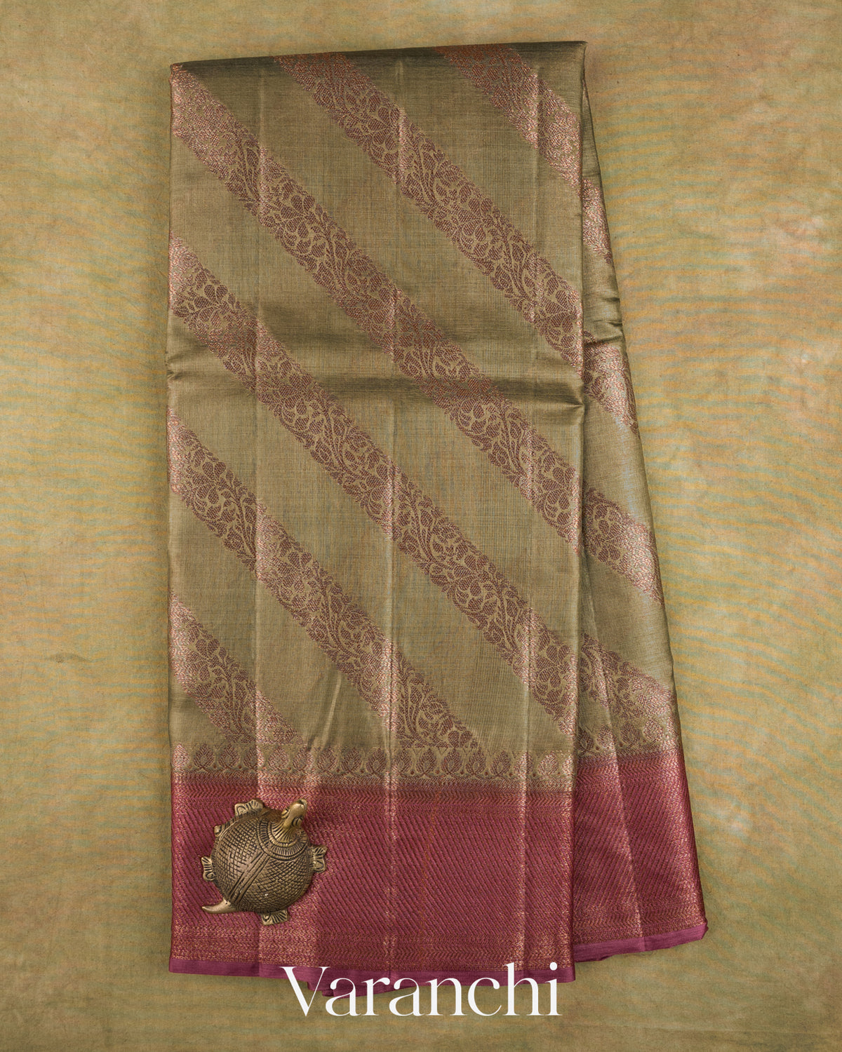 Earthy Grey Lehariya Pure Tussar Silk Saree — Full Saree