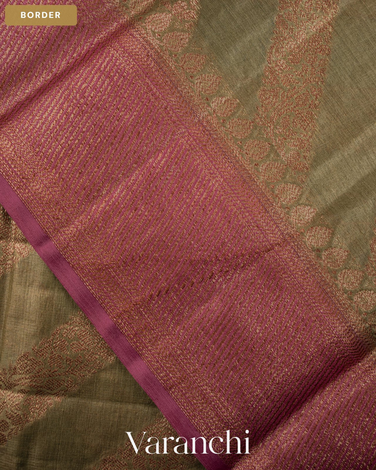 Earthy Grey Lehariya Pure Tussar Silk Saree — Border