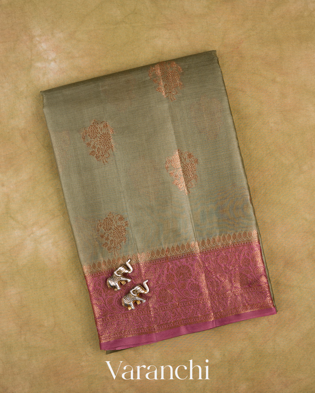 Earthy Grey Pure Tussar Silk Saree — Folded
