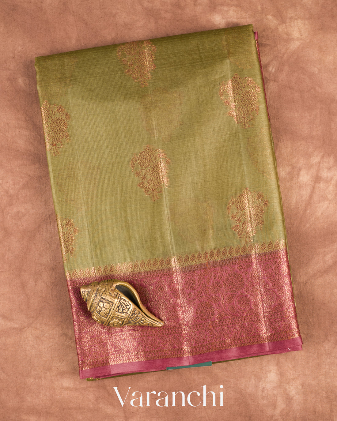 Olive Green Pure Tussar Silk Saree — Folded