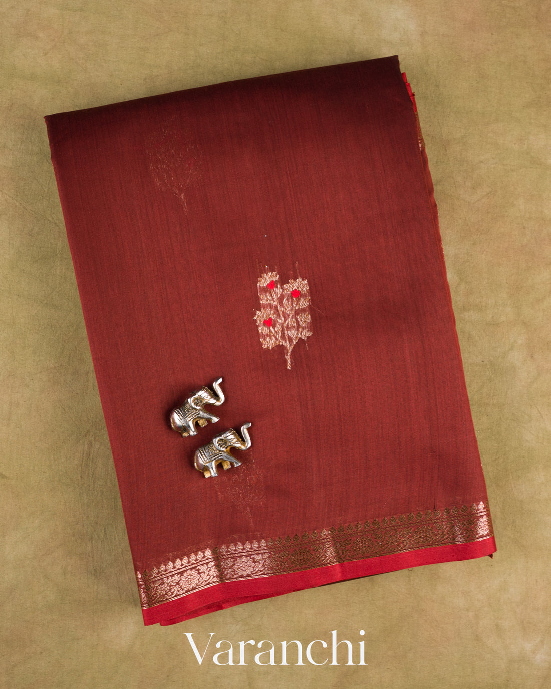 Dark Maroon Pure Chanderi Silk Cotton Handloom Saree — Folded