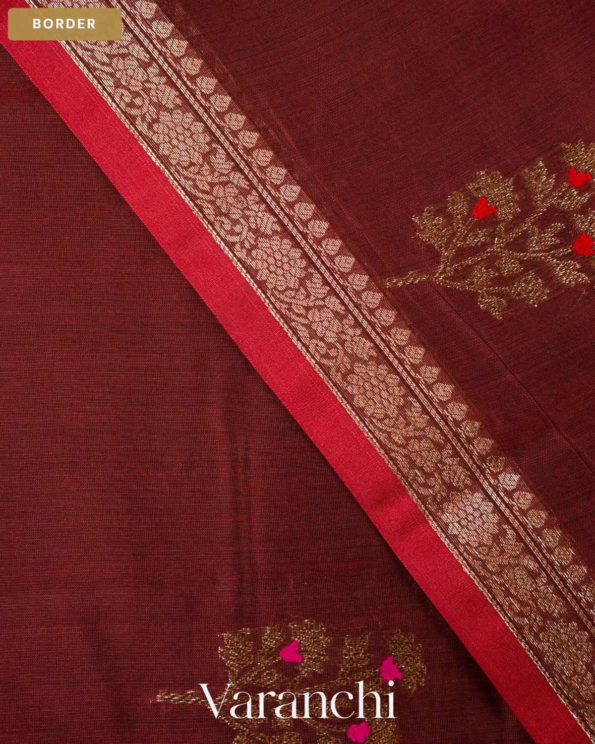 Dark Maroon Pure Chanderi Silk Cotton Handloom Saree — Border